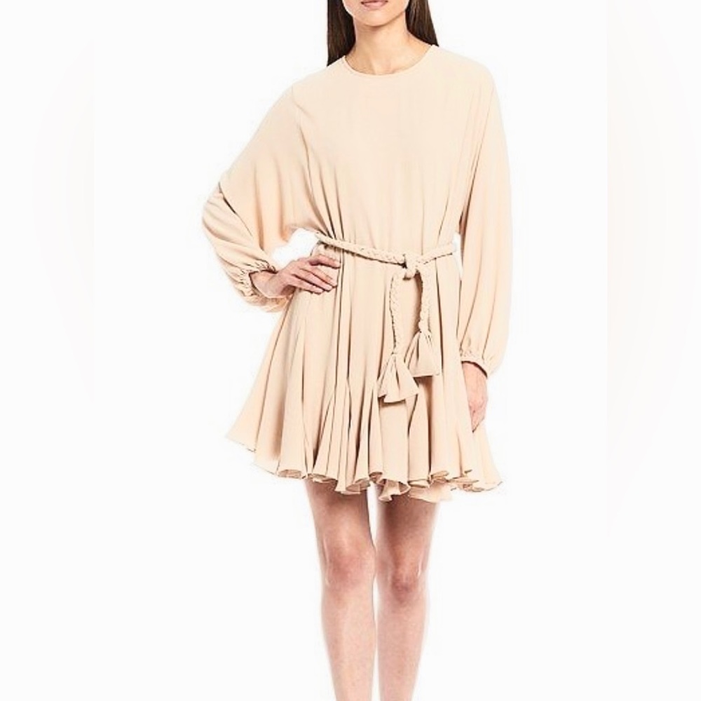 Gianni Bini Riley Braided Belt Long Balloon Sleeve Crew Neck Swing Dress in Tan